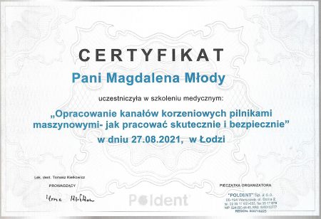 Certyfikat Magdalena Młody szkolenie medyczne