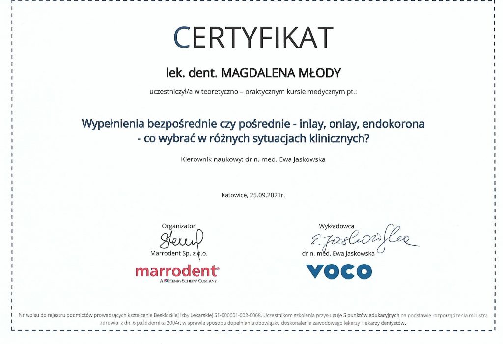 Certyfikat Magdalena Młody wypełnienia