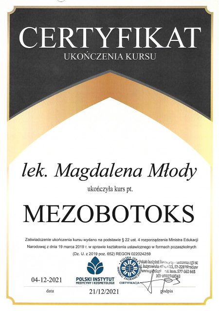 Certyfikat ukończenia kursu mezobotoks Magdalena Młody