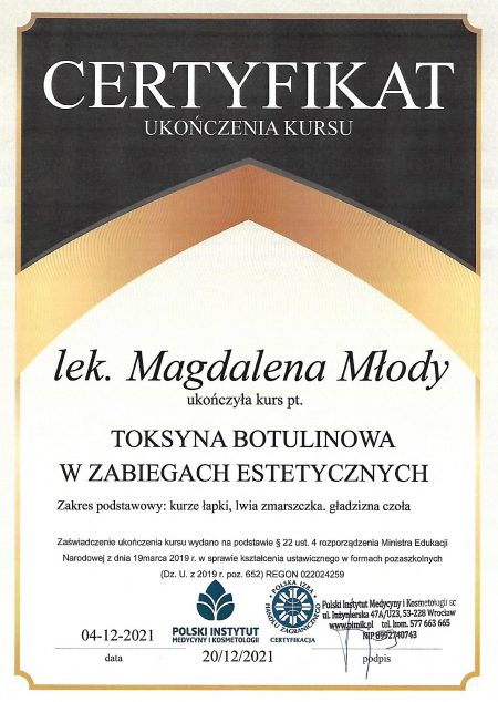 Certyfikat ukończenia kursu toksyna botulinowa w zabiegach estetycznych Magdalena- Młody