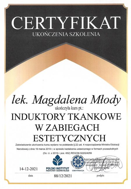 Certyfikat ukończenia szkolenia induktory tkankowe w zabiegach estetycznych Magdalena Młody