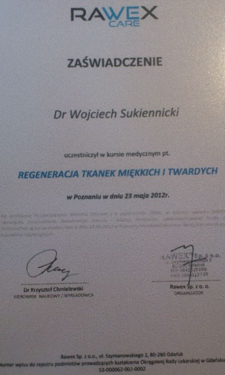 Certyfikat uczestnictwa Lek. dent. Wojciech Sukiennicki - Ravex Care Regeneracja tkanek