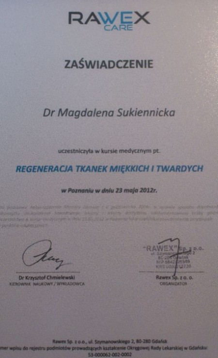 Certyfikat uczestnictwa Lek. dent. Magdalena Sukiennicka - Ravex Care Regeneracja tkanek
