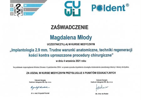 Zaświadczenie Magdalena Młody implantologia