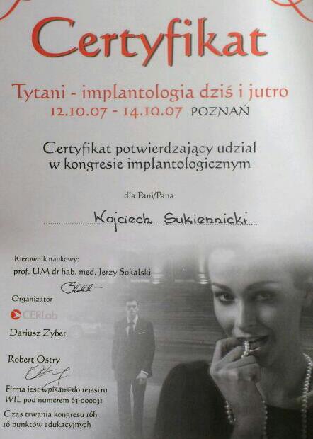 Certyfikat uczestnictwa Lek. dent. Wojciech Sukiennicki - CERLab Tytani