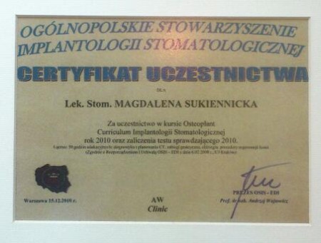 Certyfikat uczestnictwa Lek. dent. Magdalena Sukiennicka - Osteoplant