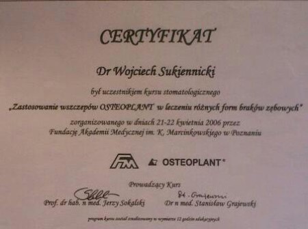 Certyfikat uczestnictwa Lek. dent. Wojciech Sukiennicki - Osteoplant