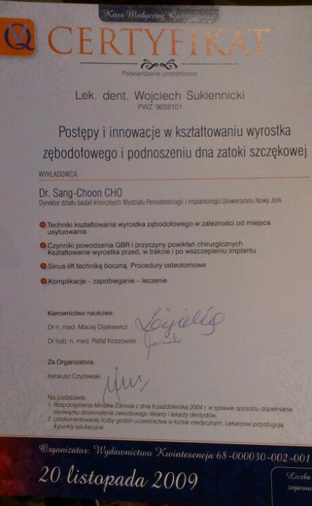 Certyfikat uczestnictwa Lek. dent. Wojciech Sukiennicki - Podnoszenie dna zatoki