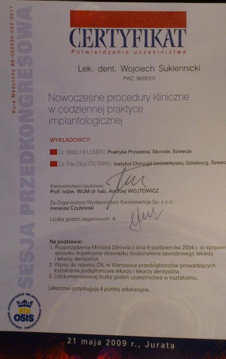 Certyfikat uczestnictwa Lek. dent. Wojciech Sukiennicki - Procedury implantologiczne