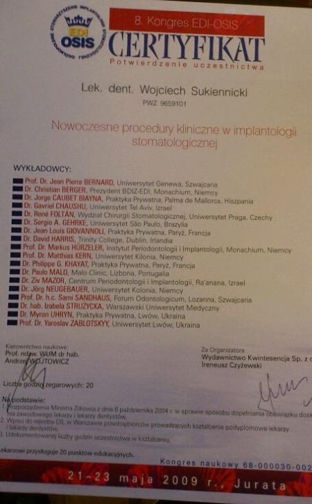 Certyfikat uczestnictwa Lek. dent. Wojciech Sukiennicki - Procedury kliniczne