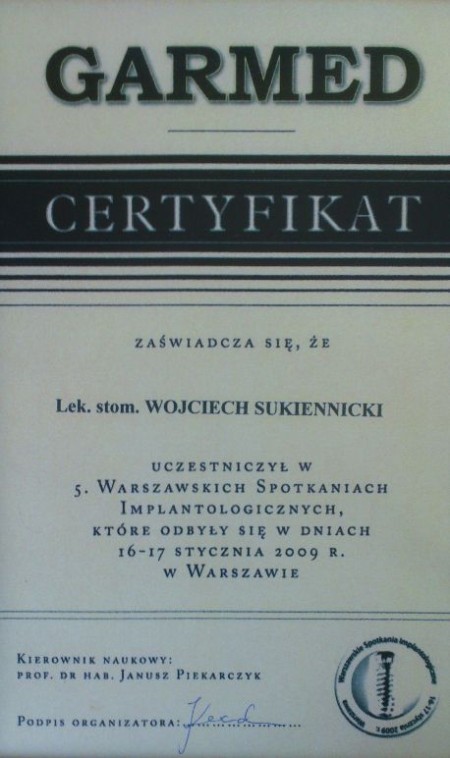 Certyfikat uczestnictwa Lek. dent. Wojciech Sukiennicki - GARMED Spotkania implantologiczne