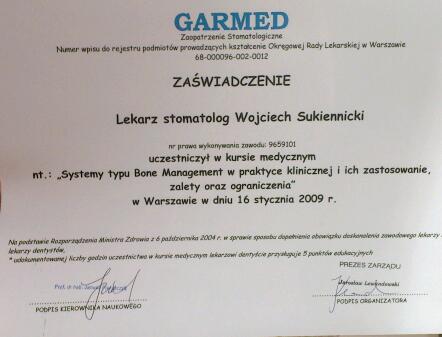 Certyfikat uczestnictwa Lek. dent. Wojciech Sukiennicki - GARMED Systemy Bone Management