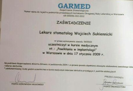 Certyfikat uczestnictwa Lek. dent. Wojciech Sukiennicki - GARMED Powikłania w implantologii